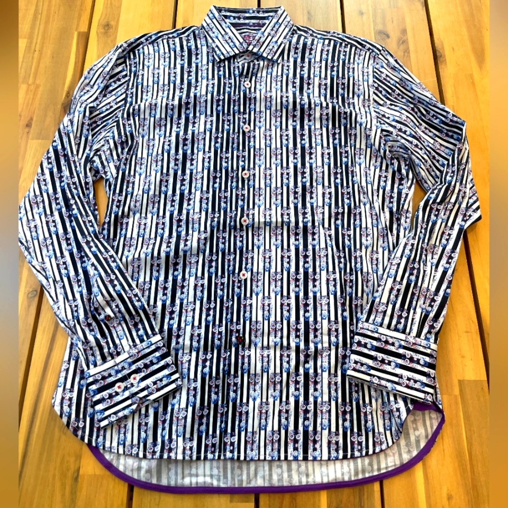 Visctonti Black Mens Y2k Abstract Button Down Shirt with Artistic Stripes Size M